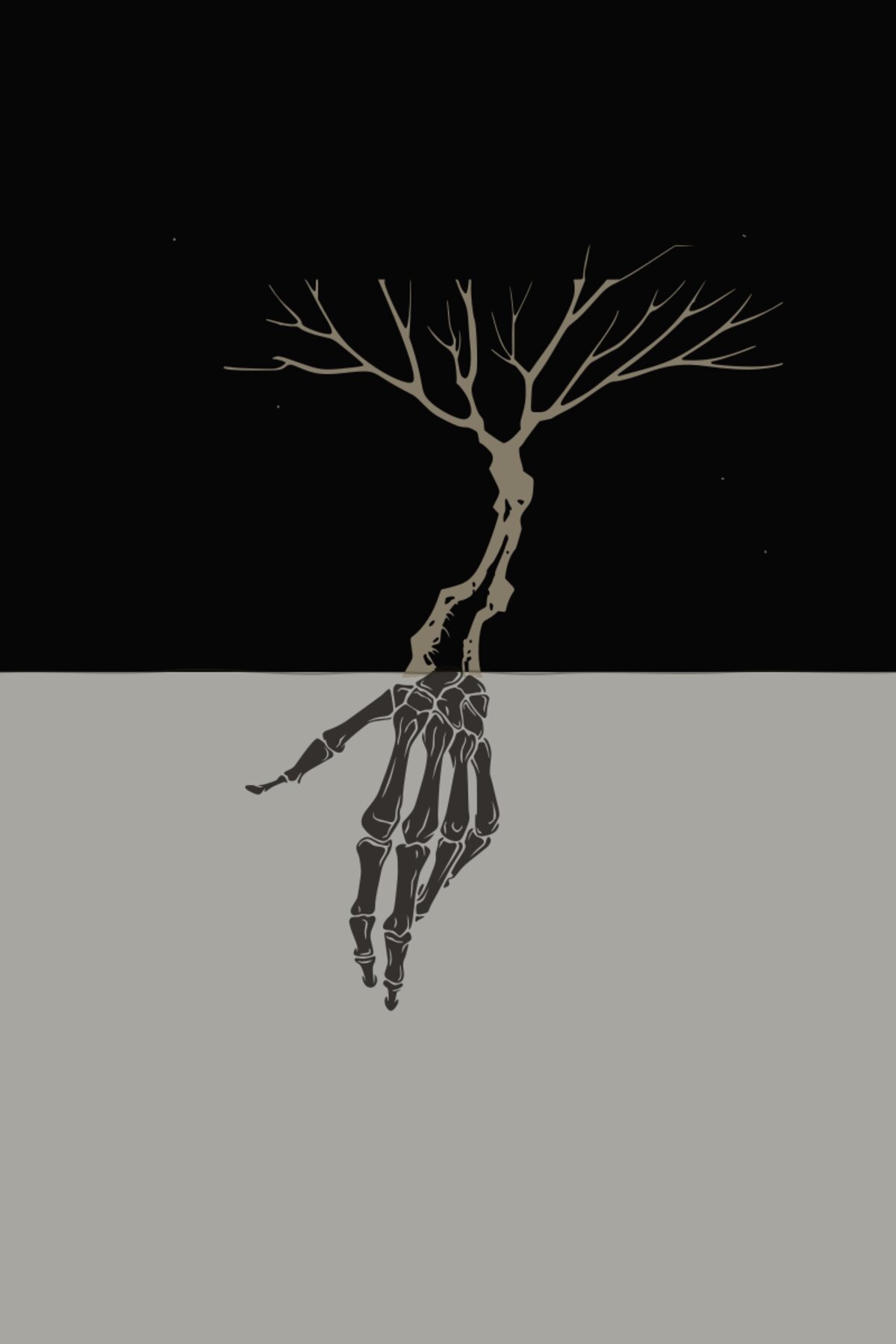 A leafless tree growing from a skeletal hand buried in pale ground beneath a black sky.